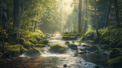 Obraz premium morning in the forest with lake 