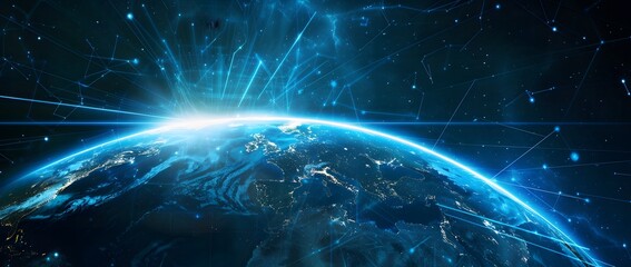 Abstract Digital Blue Earth with Glowing Light Beams