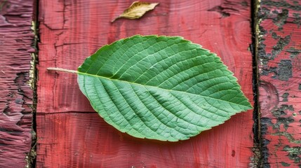 a leaf on a wooden surface