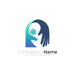 People care logo with hand design combination, blue color