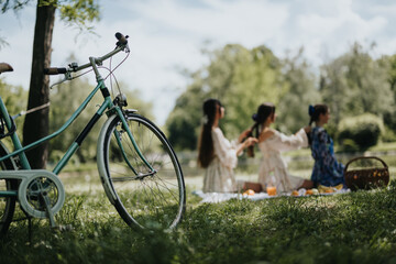 This image captures three young sisters enjoying a serene picnic in a lush green park, symbolizing...