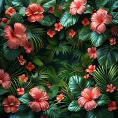 Naklejka premium A tropical backdrop with blooming flowers and green foliage. 