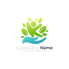 People care logo with leaf nature design template, People active