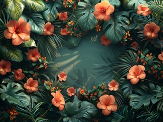 A tropical backdrop with blooming flowers and green foliage. 
