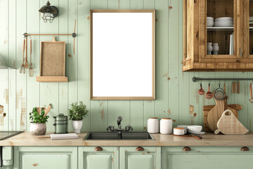 Fototapeta premium Classic wood decor in pastel green kitchen with narrow wooden blank frame mockups, wide format.