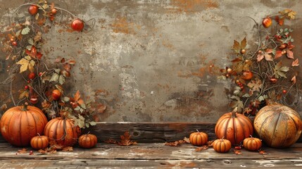 Autumn Harvest: Thanksgiving Border with Pumpkins on Aged Plank