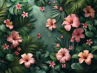 Fototapeta premium A tropical backdrop with blooming flowers and green foliage. 
