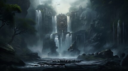 A mystical waterfall shrouded in mist and legend, with a few ancient artifacts scattered about.