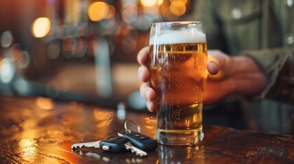 Man rejecting glass of beer with car keys on table