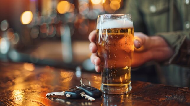 Man rejecting glass of beer with car keys on table - Powered by Adobe