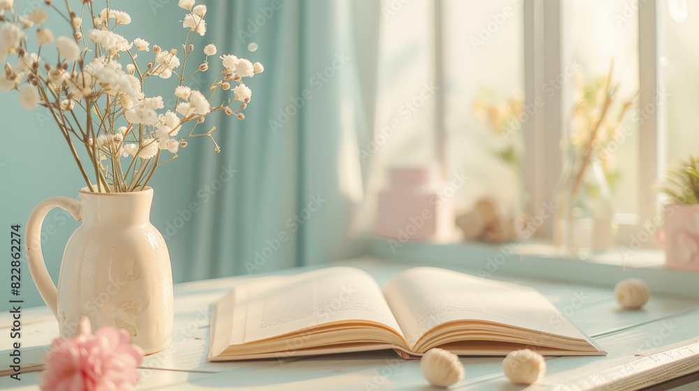 Poster a tranquil setting showing an open book on a wooden table, a vase with white flowers, and soft sunli