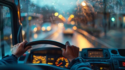 Bus driver's hands on the wheel, dashboard in soft focus