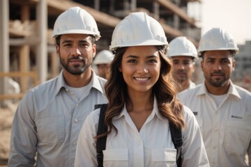 Contractor team wearing hat and safety suit at construction building site