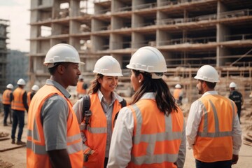 Contractor team wearing hat and safety suit at construction building site