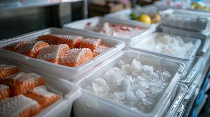 Icy styrofoam containers preserving fresh fish for sale