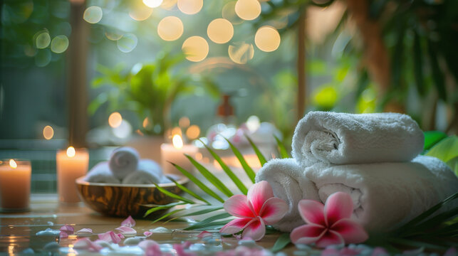 A tranquil spa setting with rolled towels, lit candles, a bowl of water, scattered flower petals, and tropical frangipani flowers, evoking relaxation and peace.