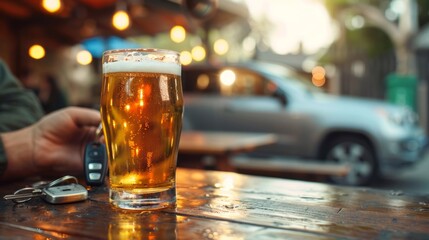 Man rejecting glass of beer with car keys on table