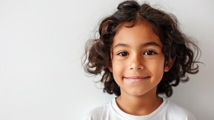 Close up of boy's face head with smiling expression on white background.