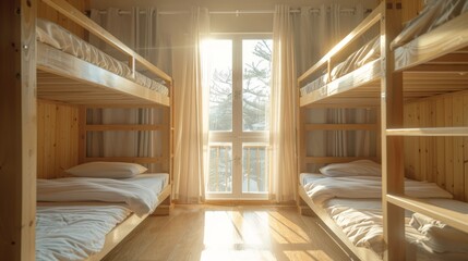 Cozy hostel room with wooden bunk beds bathed in morning sunlight