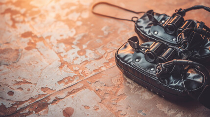 A pair of black, fashionable sandals placed on a textured, rustic surface, evoking a sense of summer fashion and casual style.