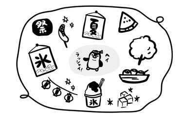 夏祭りの手描きセットイラスト_ペンギン