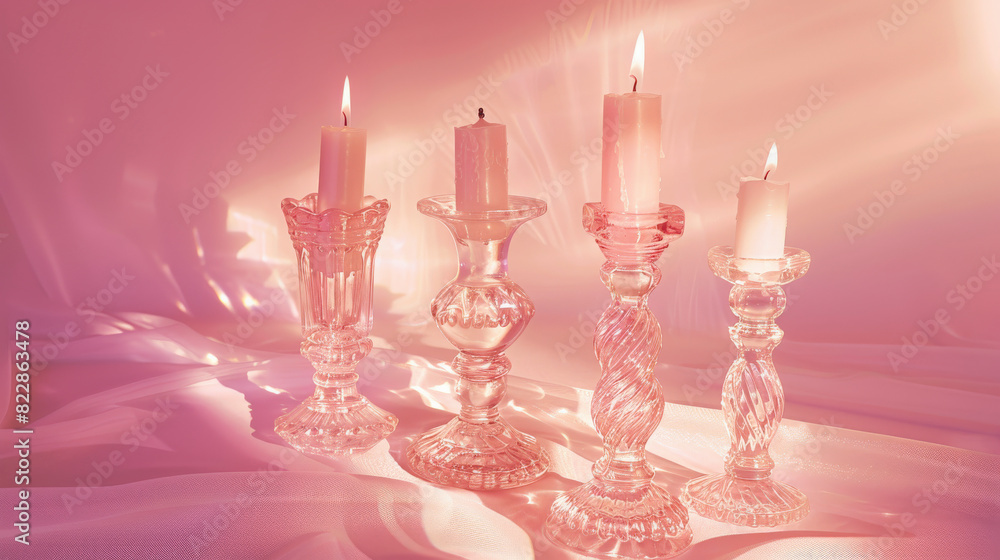 Poster four lit candles in crystal holders on a draped fabric surface, diffusing a warm, soft glow in a tra