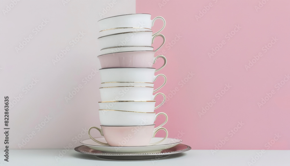 Poster a stack of elegantly designed teacups with matching saucers set against a dual-tone background, blen
