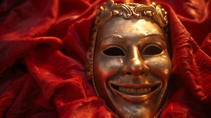 Gold theatrical mask smiling on a velvet background