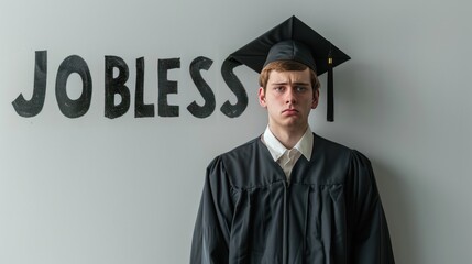 A young graduate man wearing a graduation costume and toga hat stands in front of a wall that says Jobless with a gloomy facial expression.