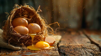 Eggs broken and spilled from wicker basket onto wooden surface