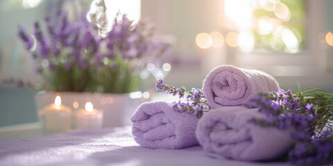 A serene spa setting with rolled towels, sprigs of lavender, and soft lighting creating a tranquil and relaxing atmosphere.