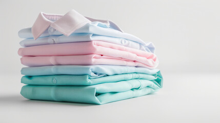 A neatly folded stack of pastel-colored shirts on a white background, with shades of blue, pink, and white, presenting a clean and organized appearance.