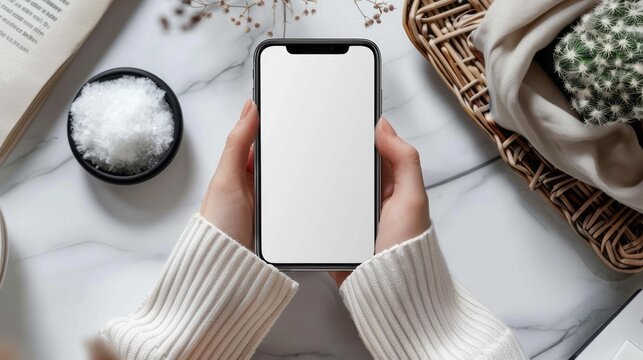 Woman Holding A Blank Screen Smartphone In Hands Over Marble Table Background.