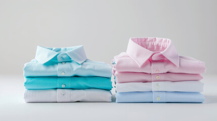 Two stacks of neatly folded shirts in pastel colors?light blue and pink?on a light background, presenting a clean and organized appearance.