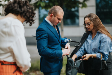 Group of businesspeople engaged in a discussion during an outdoor business meeting, focusing on...