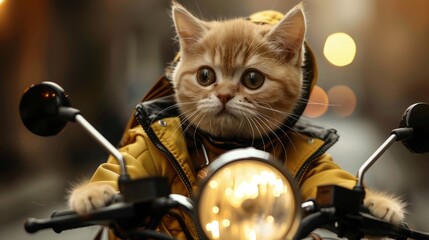 A Ginger Cat In A Yellow Jacket Rides A Motorcycle Through The City Streets At Night.