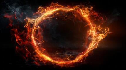 Flaming Circle Of Fire With Glowing Embers And Smoke On Black Background