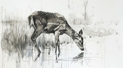 The effortless grace of a grazing deer captured in a nature sketch as it blends into the quiet landscape.