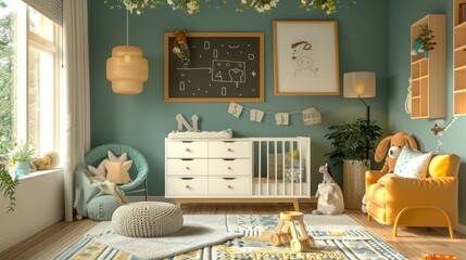 Bright baby room with cheerful decor and chalkboard sign