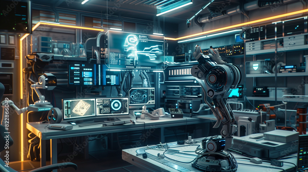 Wall mural a futuristic lab with robots and computers. scene is futuristic and technological. the idea of the i