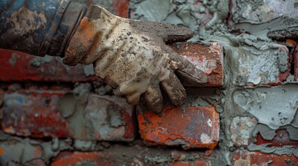 Gloved hand positioning brick on mortar-laden wall
