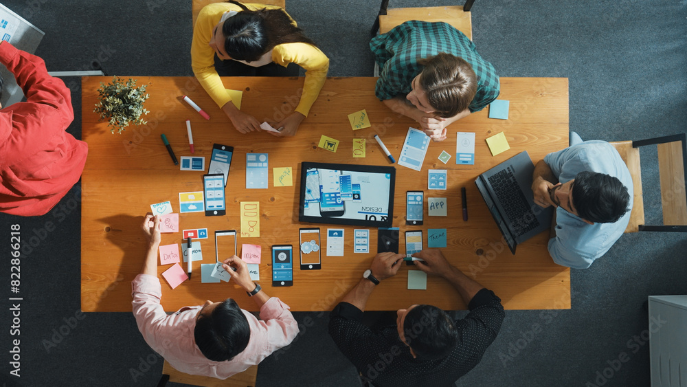 Poster top view of skilled developer team stick idea about ux ui design for mobile phone interface on white