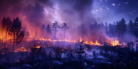 Pine forest devastated by wildfire during dry season highlights global environmental emergency. Concept Environmental crisis, Wildfire devastation, Pine forest destruction, Climate change