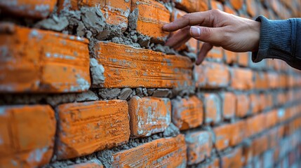 Close-up of hand touching top of newly built brick wall