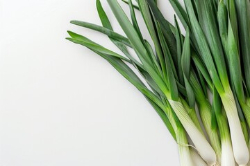 Fresh green leeks on clean white background for captivating ads and packaging designs - generative ai