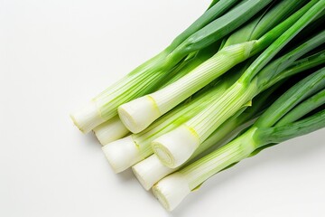 Fresh green leeks on clean white background for captivating ads and packaging designs - generative ai