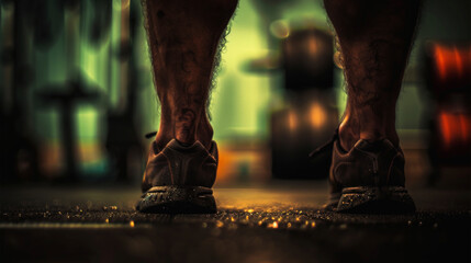 The image shows the lower legs and feet of a person standing in a gym with weights in the background, highlighting a focused workout atmosphere. - Powered by Adobe
