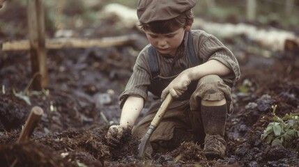 Naklejka premium A young boy mimicking his fathers actions trying his hand at ting peat for the first time.