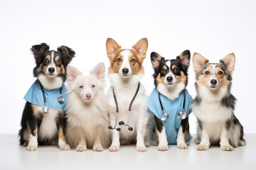 Cute dogs with stethoscope as veterinarian on white background, Space for text