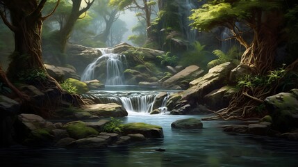 A soothing waterfall flowing gently into a crystal-clear stream, with a few fish swimming lazily.